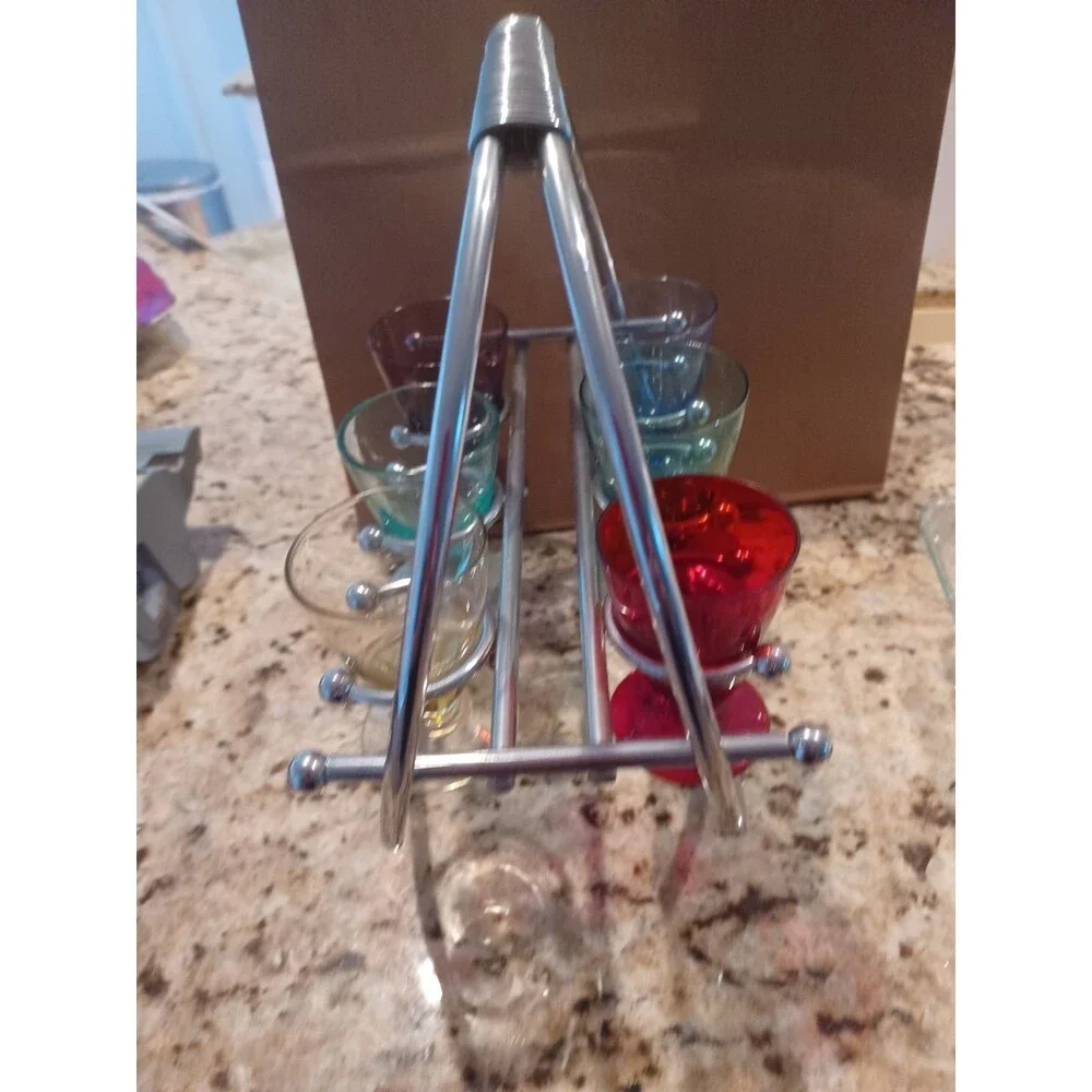 Vtg Mid-Century 6 Pc Colored Glass Cordial Glasses On A Modern Metal Stand